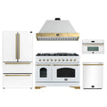 Forno Antico 5-Piece Appliance Package - 48-Inch Dual Fuel Range, 48-Inch Hood, 36-Inch Refrigerator, 24-Inch Dishwasher, & 30-Inch Microwave Oven in White with Antique Brass Trim