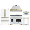 Forno Antico 5-Piece Appliance Package - 48-Inch Dual Fuel Range, 48-Inch Hood, 36-Inch Refrigerator, 24-Inch Dishwasher, & 30-Inch Microwave Oven in White with Antique Brass Trim