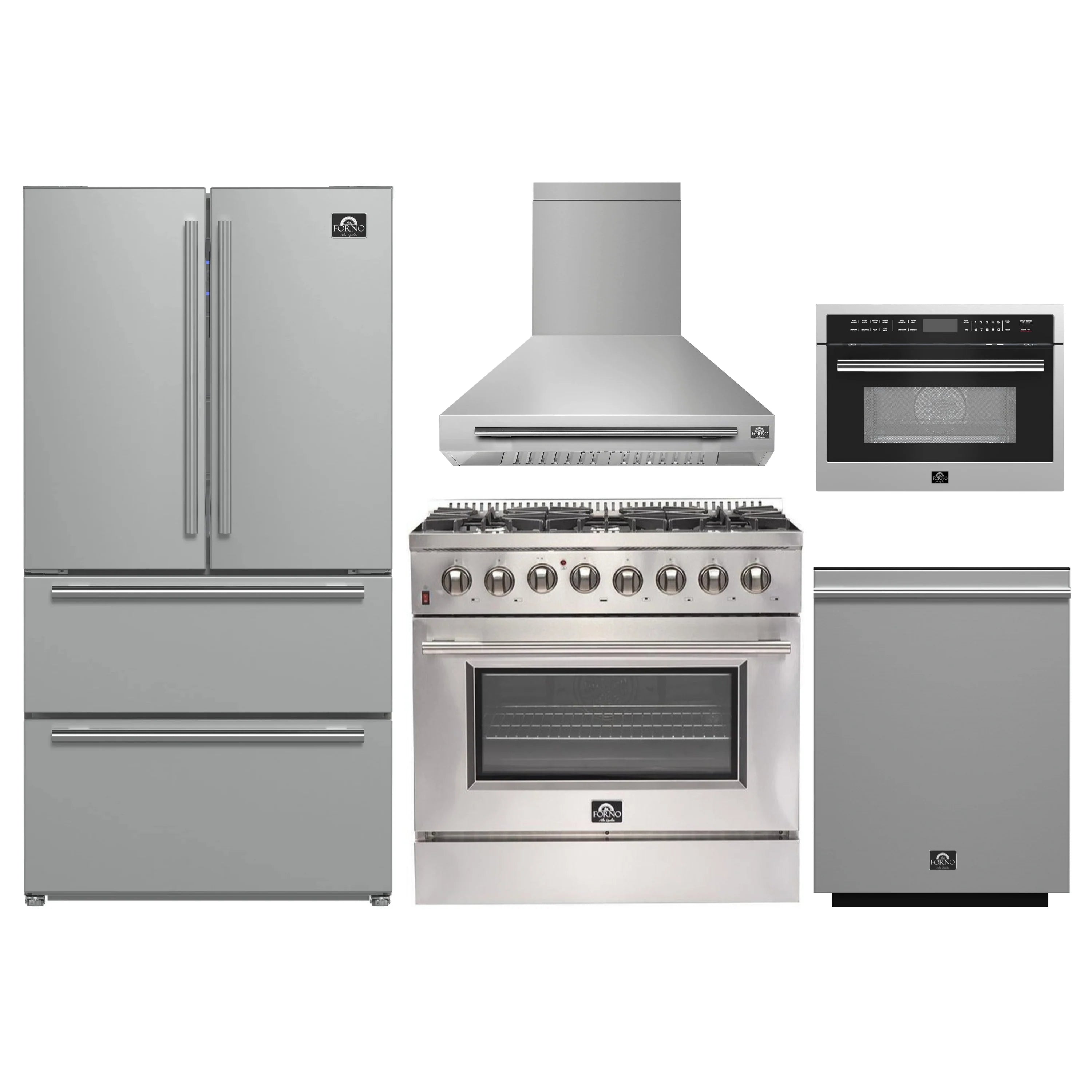 Stainless steel kitchen appliance set with refrigerator, range, hood, microwave, dishwasher
