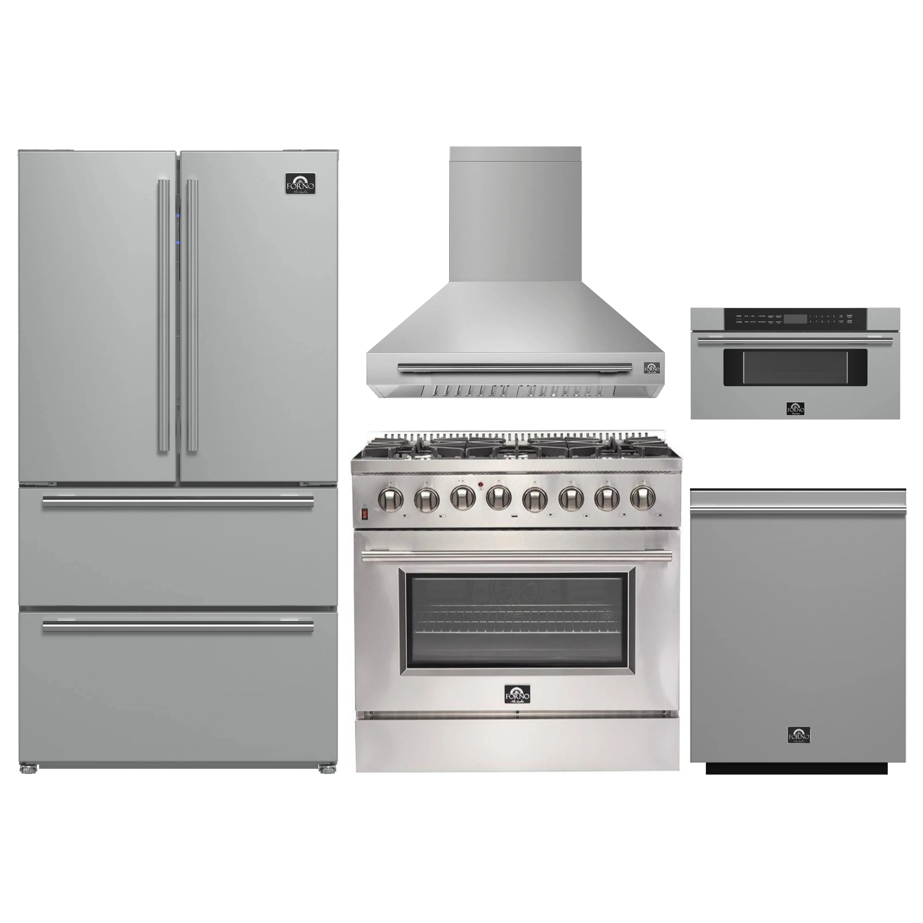 Stainless steel appliance set with refrigerator, range, wall hood, microwave, dishwasher