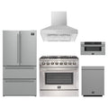 Forno 5-Piece Appliance Package - 36-Inch Dual Fuel Range, Wall Mount Range Hood, 36-Inch Refrigerator, Dishwasher, and 30-Inch Microwave Drawer in Stainless Steel