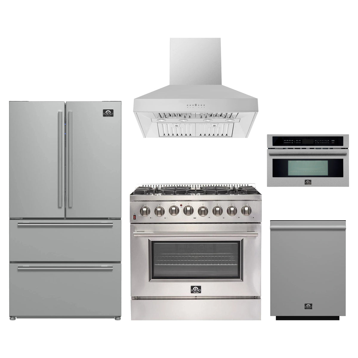 Forno 5-Piece Appliance Package - 36-Inch Dual Fuel Range, Wall Mount Range Hood, 36-Inch Refrigerator, Dishwasher, and 30-Inch Microwave Oven in Stainless Steel