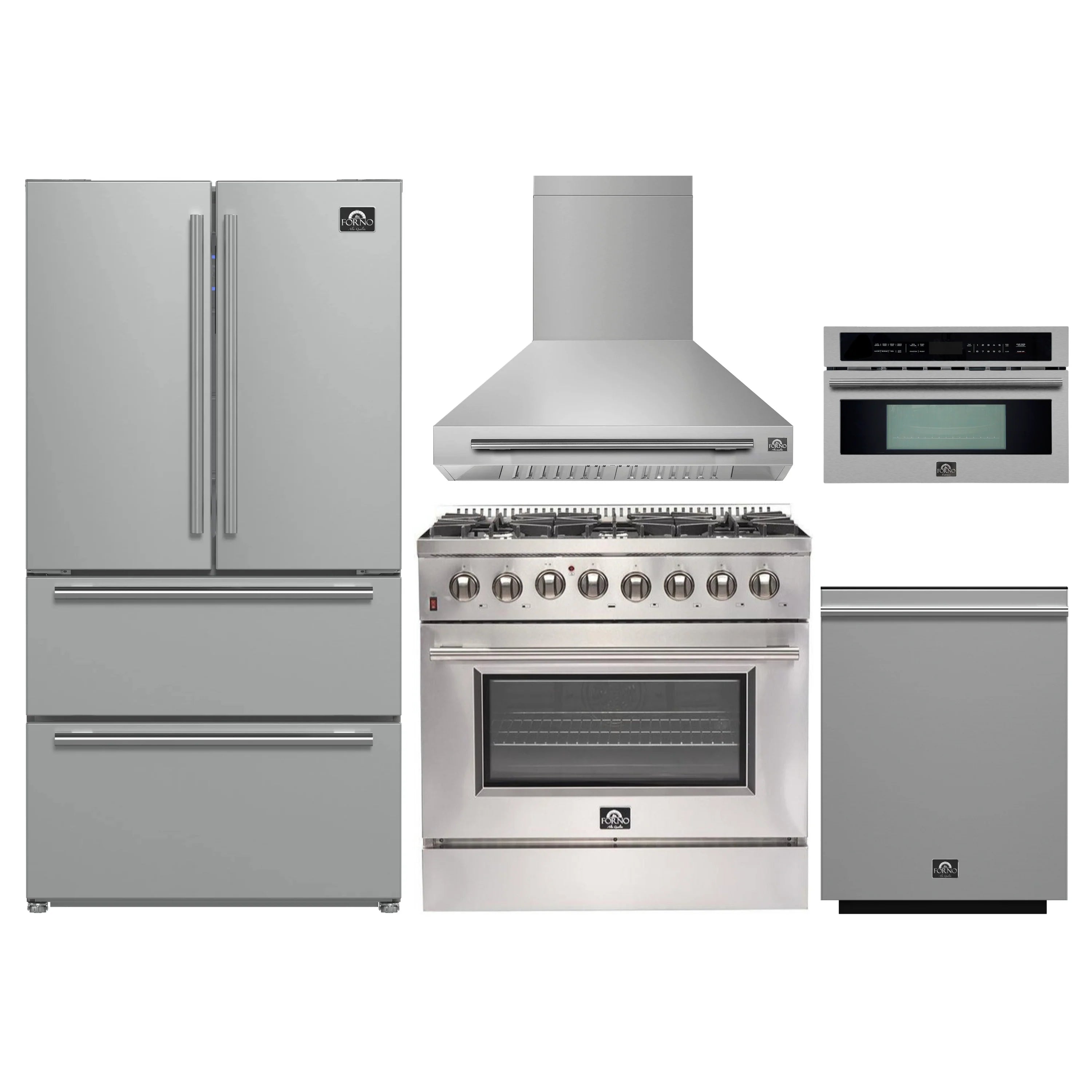 Stainless steel 5-piece appliance package with refrigerator, range, microwave, hood, dishwasher