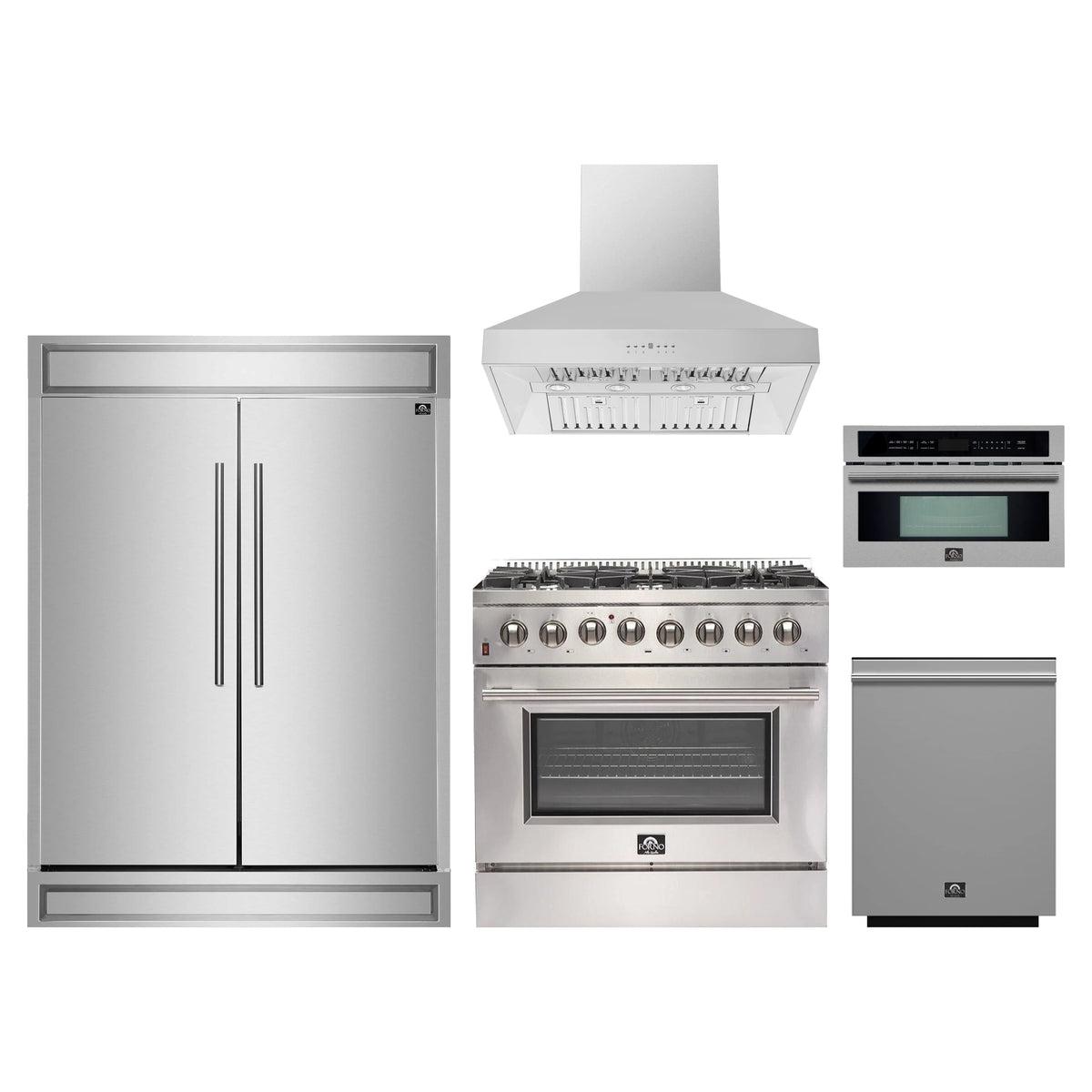 Forno 5-Piece Appliance Package - 36-Inch Dual Fuel Range, Wall Mount Range Hood, 60-Inch Refrigerator, Dishwasher, and 30-Inch Microwave Oven in Stainless Steel