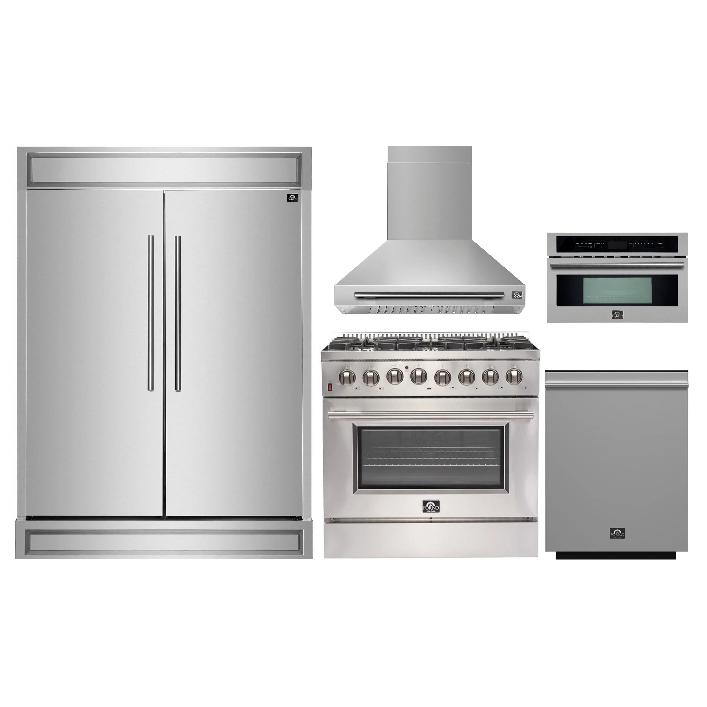 Stainless steel kitchen appliance set with refrigerator, range, hood, and microwave