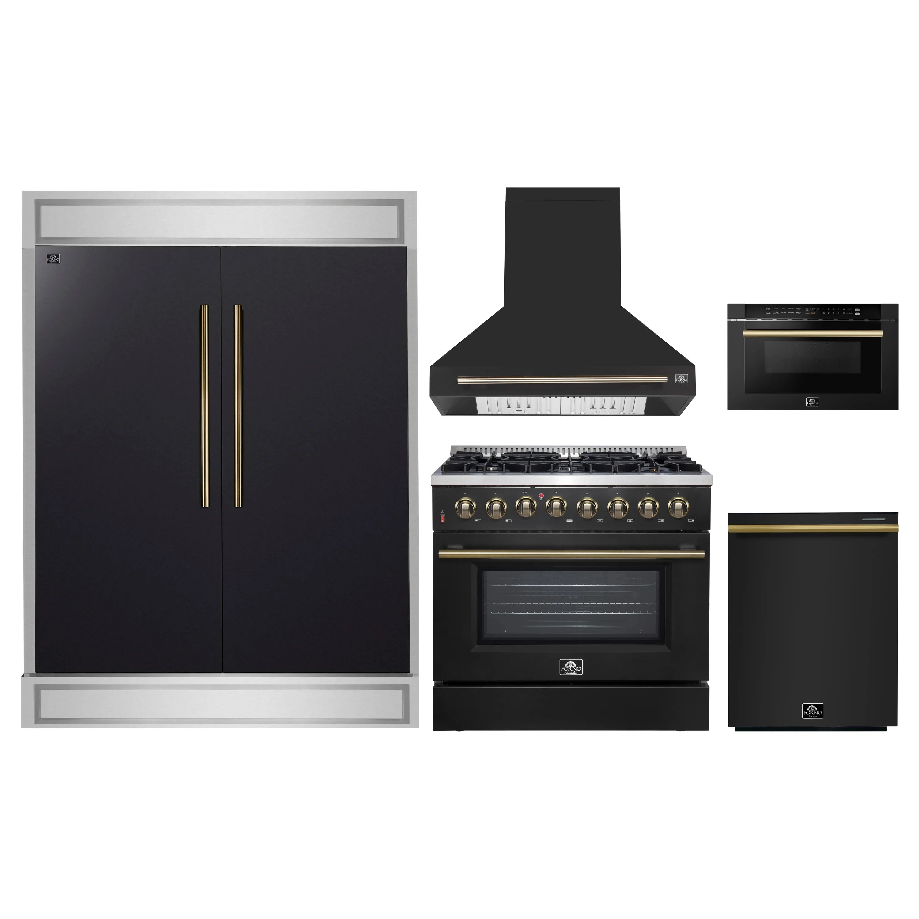 Black 5-piece appliance package with antique brass accents: refrigerator, range, hood, microwave