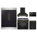 Forno 5-Piece Appliance Package - 36-Inch Dual Fuel Range, Wall Mount Range Hood, 60-Inch Refrigerator, Dishwasher, and 24-Inch Microwave Drawer in Black with Antique Brass Handle