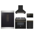 Forno 5-Piece Appliance Package - 36-Inch Dual Fuel Range, Wall Mount Range Hood, 60-Inch Refrigerator, Dishwasher, and 24-Inch Microwave Drawer in Black with Antique Brass Trim