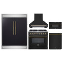 Forno 5-Piece Appliance Package - 36-Inch Dual Fuel Range, Wall Mount Range Hood, 60-Inch Refrigerator, Dishwasher, and 30-Inch Microwave Drawer in Black with Antique Brass Handle