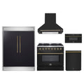 Forno 5-Piece Appliance Package - 36-Inch Dual Fuel Range, Wall Mount Range Hood, 60-Inch Refrigerator, Dishwasher, and 30-Inch Microwave Drawer in Black with Antique Brass Trim