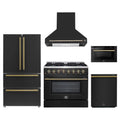 Forno 5-Piece Appliance Package - 36-Inch Dual Fuel Range, Wall Mount Range Hood, 36-Inch Refrigerator, Dishwasher, and 24-Inch Microwave Drawer in Black with Antique Brass Trim