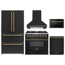 Forno 5-Piece Appliance Package - 36-Inch Dual Fuel Range, Wall Mount Range Hood, 36-Inch Refrigerator, Dishwasher, and 24-Inch Microwave Drawer in Black with Antique Brass Handle