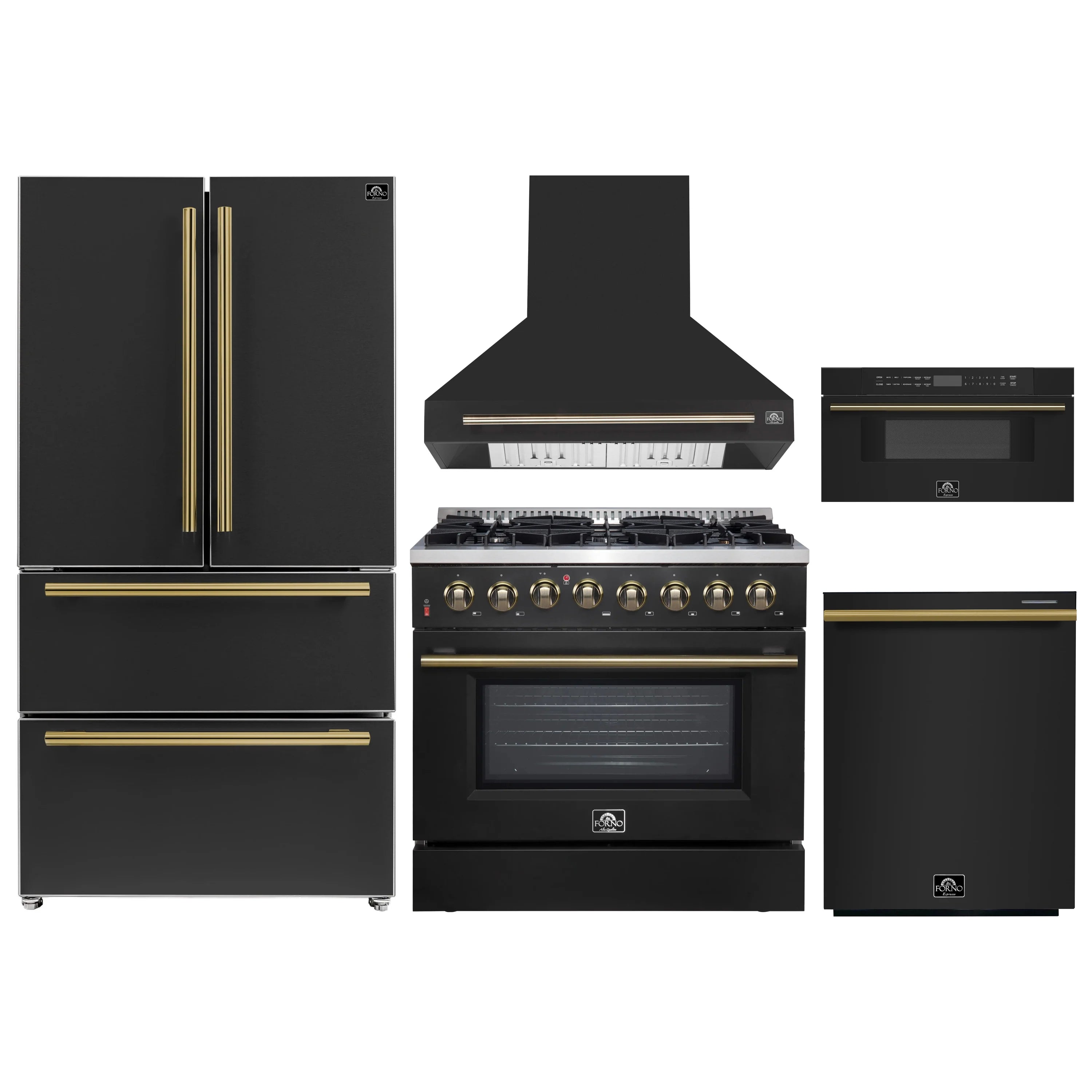Black kitchen appliance package with gold accents: range, hood, fridge, dishwasher, microwave