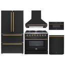 Forno 5-Piece Appliance Package - 36-Inch Dual Fuel Range, Wall Mount Range Hood, 36-Inch Refrigerator, Dishwasher, and 30-Inch Microwave Drawer in Black with Antique Brass Handle