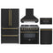 Forno 5-Piece Appliance Package - 36-Inch Dual Fuel Range, Wall Mount Range Hood, 36-Inch Refrigerator, Dishwasher, and 30-Inch Microwave Drawer in Black with Antique Brass Handle