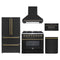Forno 5-Piece Appliance Package - 36-Inch Dual Fuel Range, Wall Mount Range Hood, 36-Inch Refrigerator, Dishwasher, and 30-Inch Microwave Drawer in Black with Antique Brass Trim