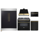 Forno 5-Piece Appliance Package - 36-Inch Dual Fuel Range, Wall Mount Range Hood, 60-Inch Convertible Refrigerator with Modern Trim, Dishwasher, and 24-Inch Microwave Drawer in Black with Antique Brass Handle