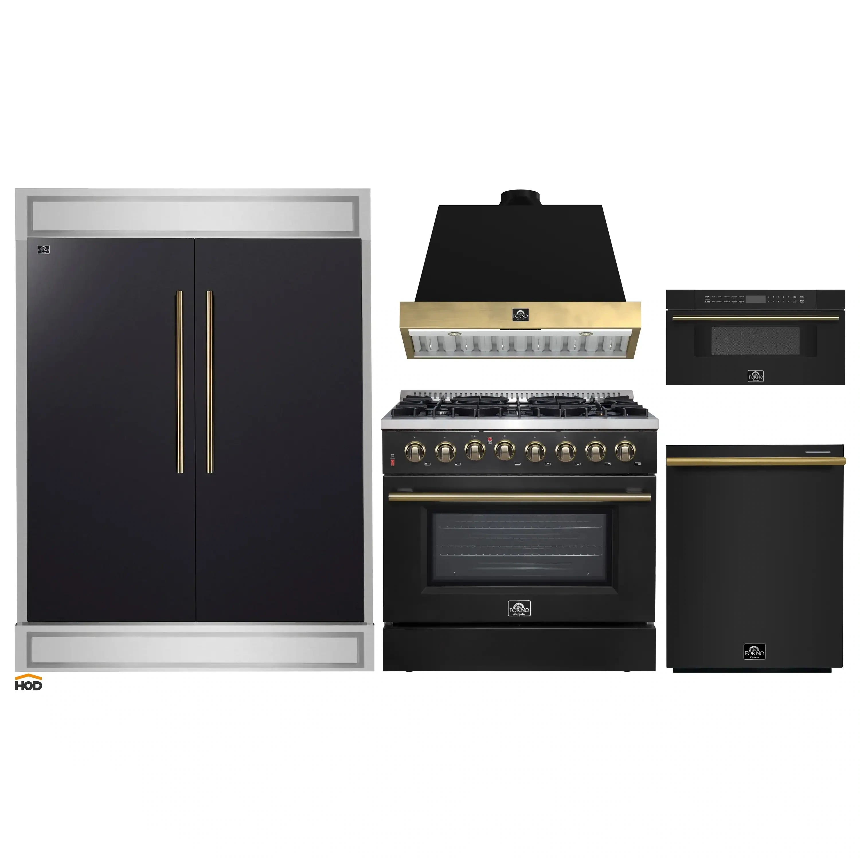 Black appliance package featuring range, hood, refrigerator, and drawer microwave