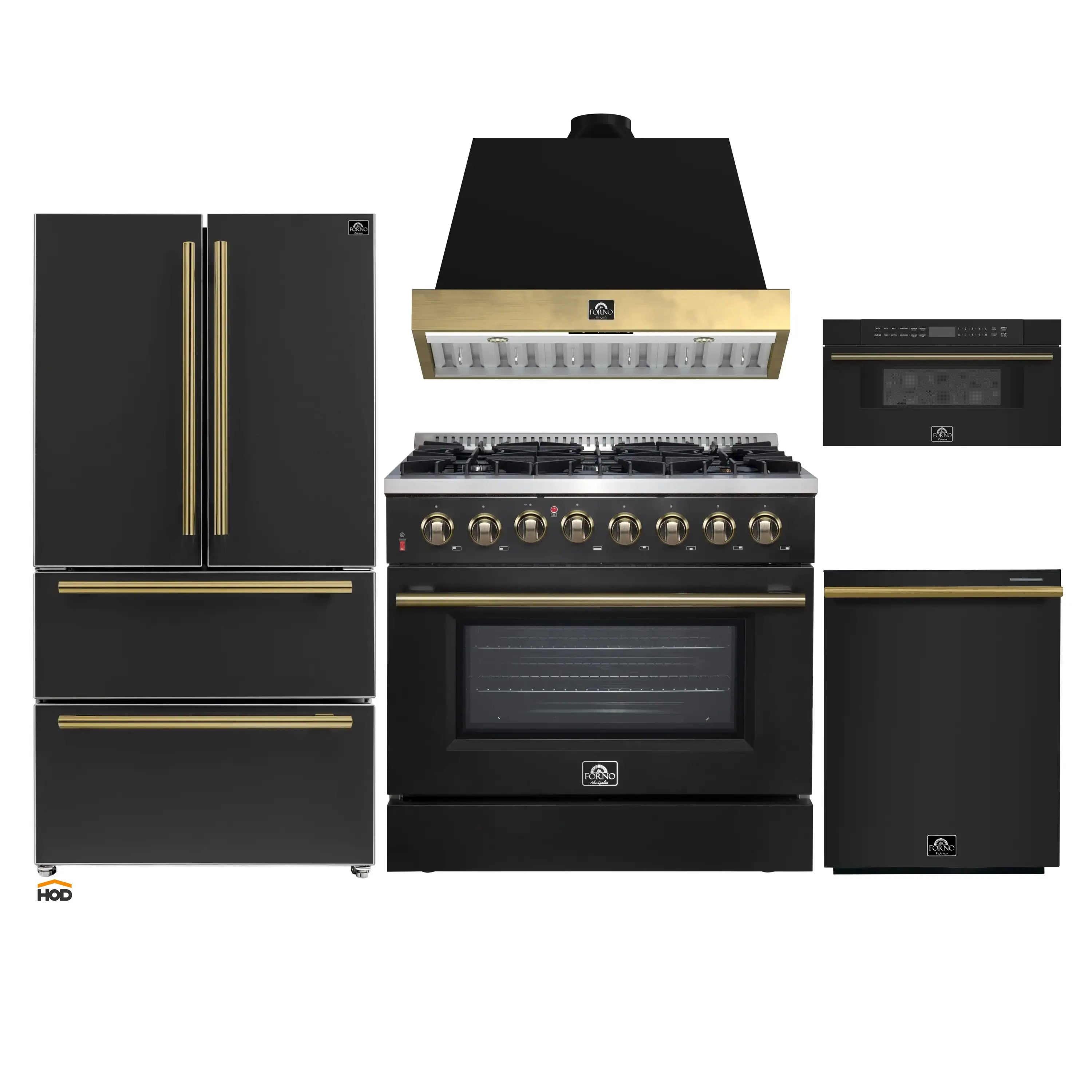 Black appliance package with antique brass trim: range, hood, fridge, dishwasher, microwave