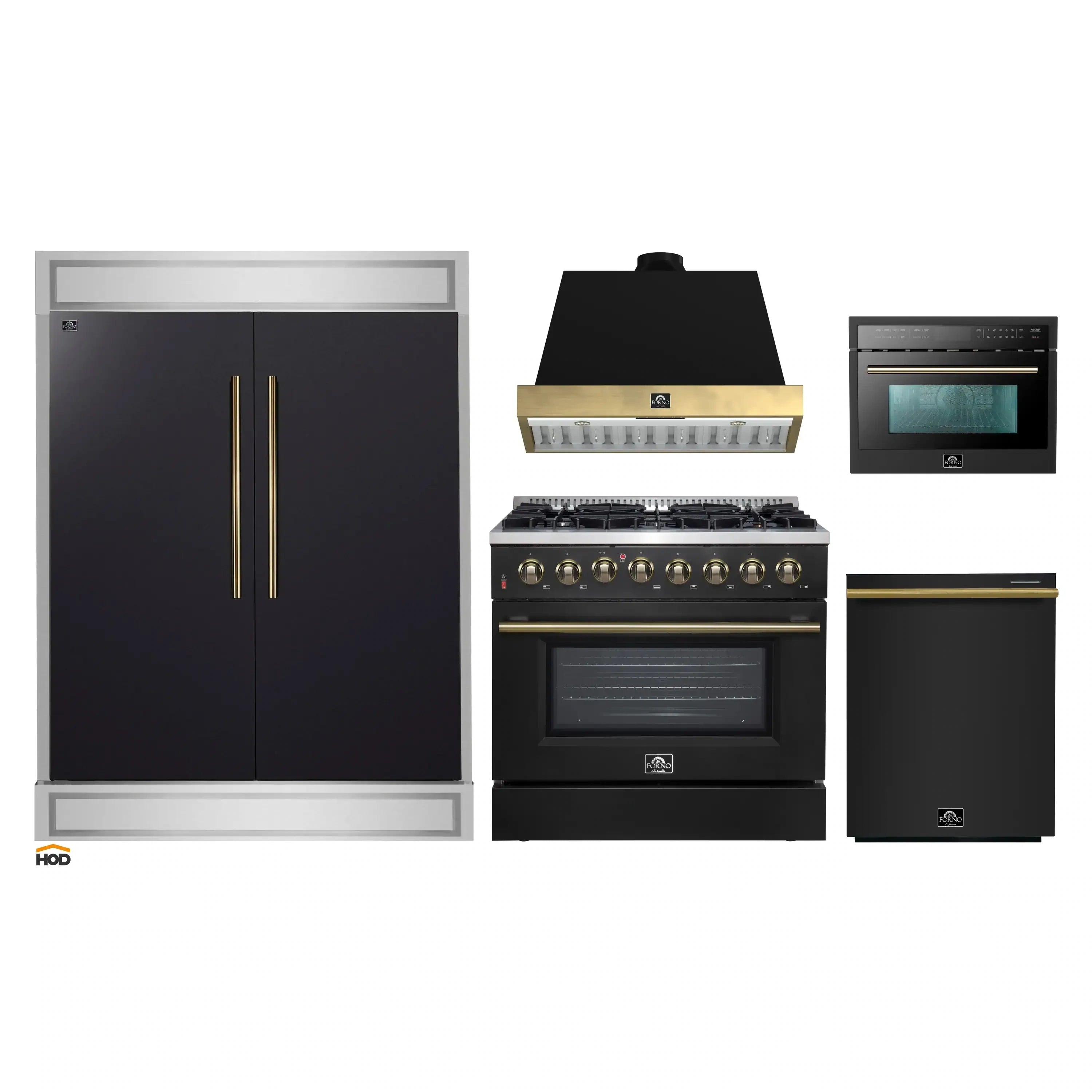 Black 5-piece appliance set with range, hood, refrigerator, dishwasher, and microwave