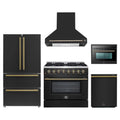 Forno Galiano 5-Piece Appliance Package - 36-Inch Dual Fuel Range, 36-Inch Hood, 36-Inch Refrigerator, 24-Inch Dishwasher, & 24-Inch Microwave Oven in Black with Antique Brass Trim