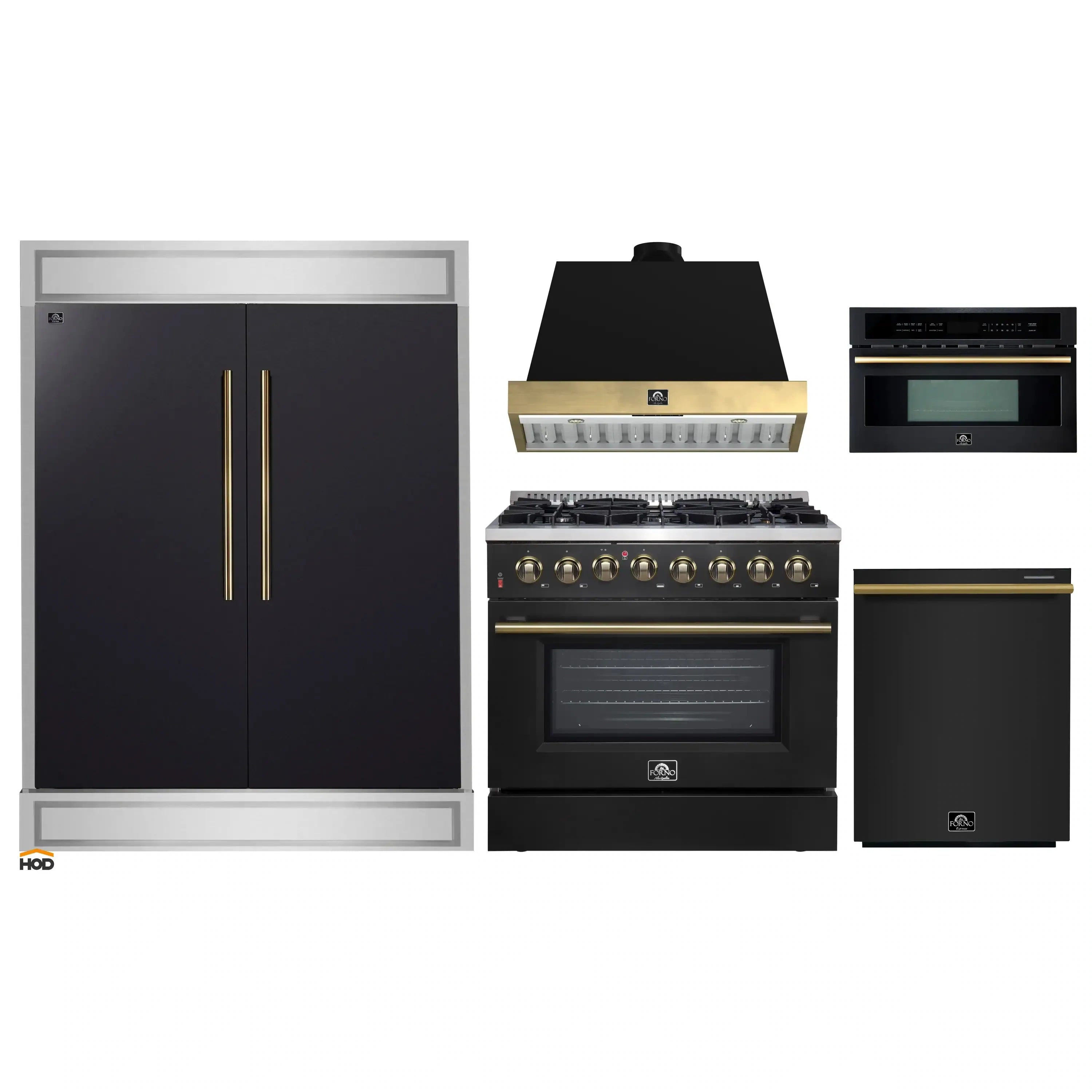 Black kitchen appliance set with refrigerator, dual fuel range, wall hood, and built-in microwave