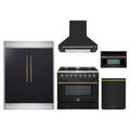 Forno 5-Piece Appliance Package - 36-Inch Galiano Dual Fuel Range, Wall Mount Range Hood, 60-Inch Convertible Refrigerator with Modern Trim, Dishwasher, and 30-Inch Microwave Oven in Black with Antique Brass Trim