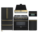Forno Galiano 5-Piece Appliance Package - 36-Inch Dual Fuel Range, 36-Inch Hood, 36-Inch Refrigerator, 24-Inch Dishwasher, & 30-Inch Microwave Oven in Black with Antique Brass Trim