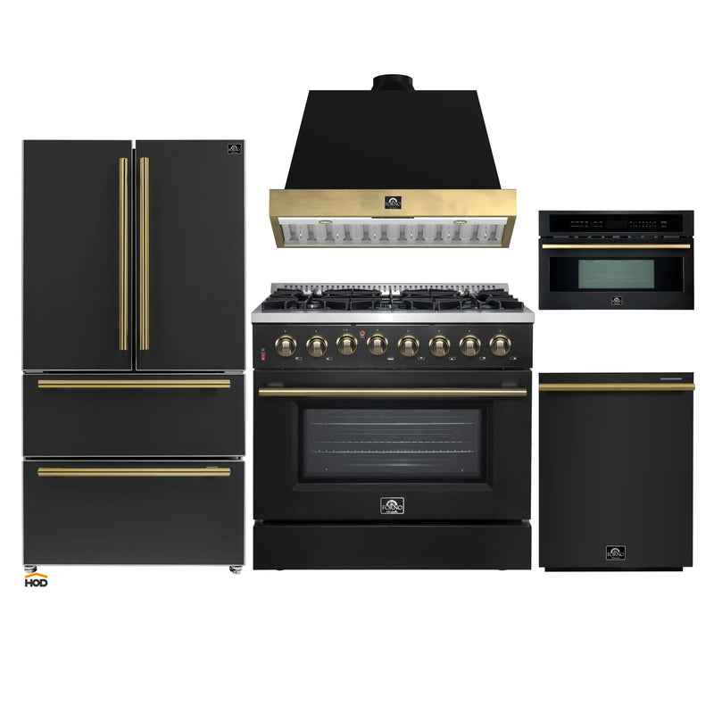 Forno Galiano 5-Piece Appliance Package - 36-Inch Dual Fuel Range, 36-Inch Hood, 36-Inch Refrigerator, 24-Inch Dishwasher, & 30-Inch Microwave Oven in Black with Antique Brass Trim