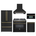 Forno Galiano 5-Piece Appliance Package - 36-Inch Dual Fuel Range, 36-Inch Hood, 36-Inch Refrigerator, 24-Inch Dishwasher, & 30-Inch Microwave Oven in Black with Antique Brass Trim