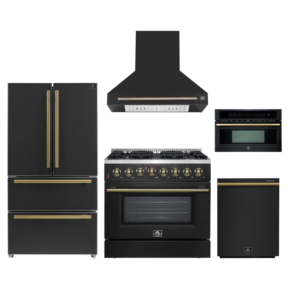 Forno Galiano 5-Piece Appliance Package - 36-Inch Dual Fuel Range, 36-Inch Hood, 36-Inch Refrigerator, 24-Inch Dishwasher, & 30-Inch Microwave Oven in Black with Antique Brass Trim