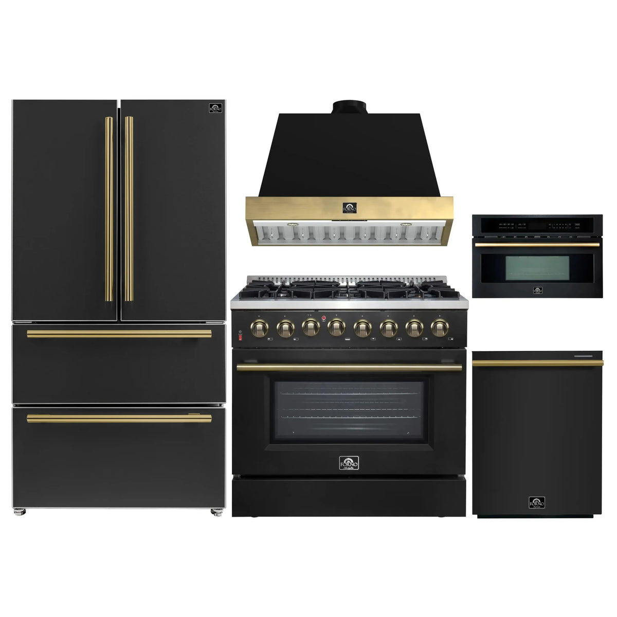 Forno Galiano 5-Piece Appliance Package - 36-Inch Dual Fuel Range, 36-Inch Hood, 36-Inch Refrigerator, 24-Inch Dishwasher, & 30-Inch Microwave Oven in Black with Antique Brass Trim