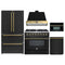 Forno Galiano 5-Piece Appliance Package - 36-Inch Dual Fuel Range, 36-Inch Hood, 36-Inch Refrigerator, 24-Inch Dishwasher, & 30-Inch Microwave Oven in Black with Antique Brass Trim