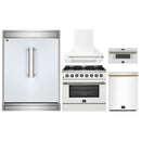 Forno 5-Piece Appliance Package - 36-Inch Dual Fuel Range, Wall Mount Range Hood, 60-Inch Refrigerator, Dishwasher, and 30-Inch Microwave Drawer in White with Antique Brass Handle
