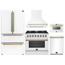 Forno 5-Piece Appliance Package - 36-Inch Dual Fuel Range, Wall Mount Range Hood, 36-Inch Refrigerator, Dishwasher, and 24-Inch Microwave Drawer in White with Antique Brass Handle