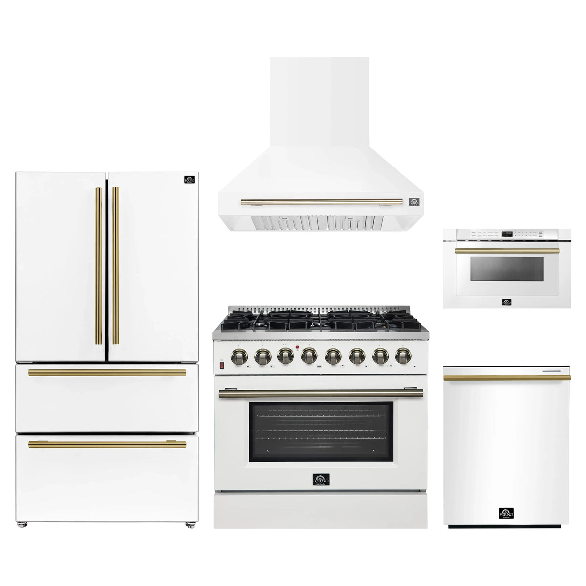 Forno 5-Piece Appliance Package - 36-Inch Dual Fuel Range, Wall Mount Range Hood, 36-Inch Refrigerator, Dishwasher, and 24-Inch Microwave Drawer in White with Antique Brass Trim