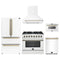 Forno 5-Piece Appliance Package - 36-Inch Dual Fuel Range, Wall Mount Range Hood, 36-Inch Refrigerator, Dishwasher, and 24-Inch Microwave Drawer in White with Antique Brass Trim