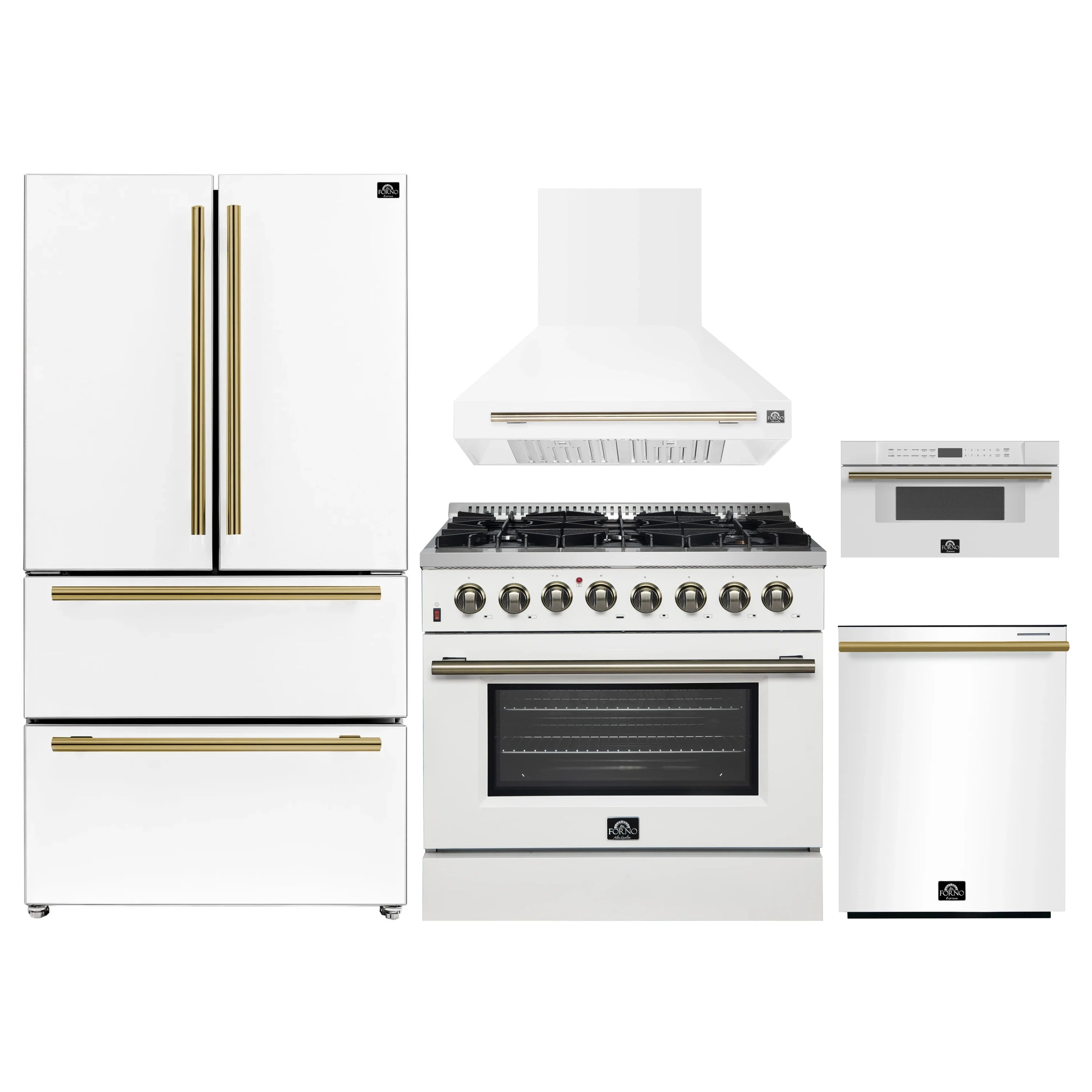 White appliance bundle with refrigerator, dual-fuel range, range hood, and microwave drawer