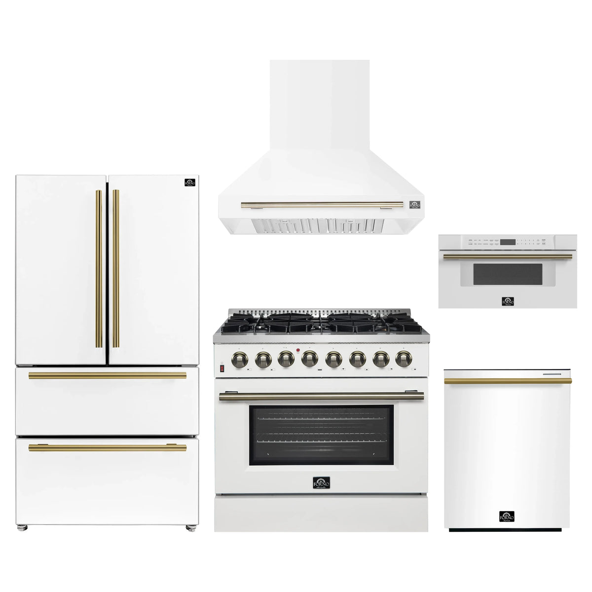 Forno 5-Piece Appliance Package - 36-Inch Dual Fuel Range, Wall Mount Range Hood, 36-Inch Refrigerator, Dishwasher, and 30-Inch Microwave Drawer in White with Antique Brass Trim