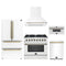Forno 5-Piece Appliance Package - 36-Inch Dual Fuel Range, Wall Mount Range Hood, 36-Inch Refrigerator, Dishwasher, and 30-Inch Microwave Drawer in White with Antique Brass Trim