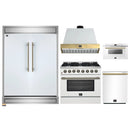 Forno 5-Piece Appliance Package - 36-Inch Dual Fuel Range, Wall Mount Range Hood, 60-Inch Refrigerator, Dishwasher, & 24-Inch Microwave Drawer in White with Antique Brass Handle