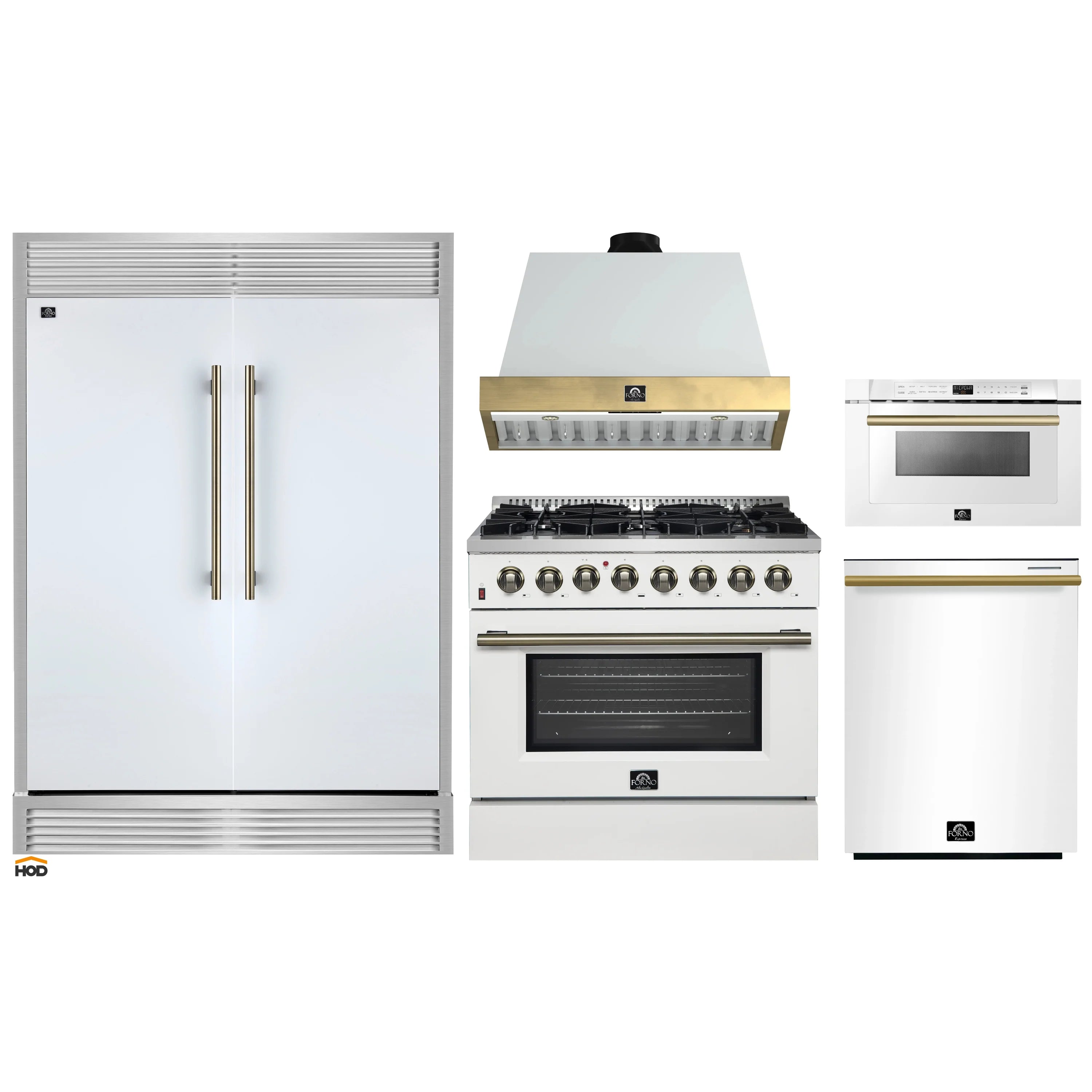White kitchen appliance package with refrigerator, dual fuel range and hood, plus microwave drawer
