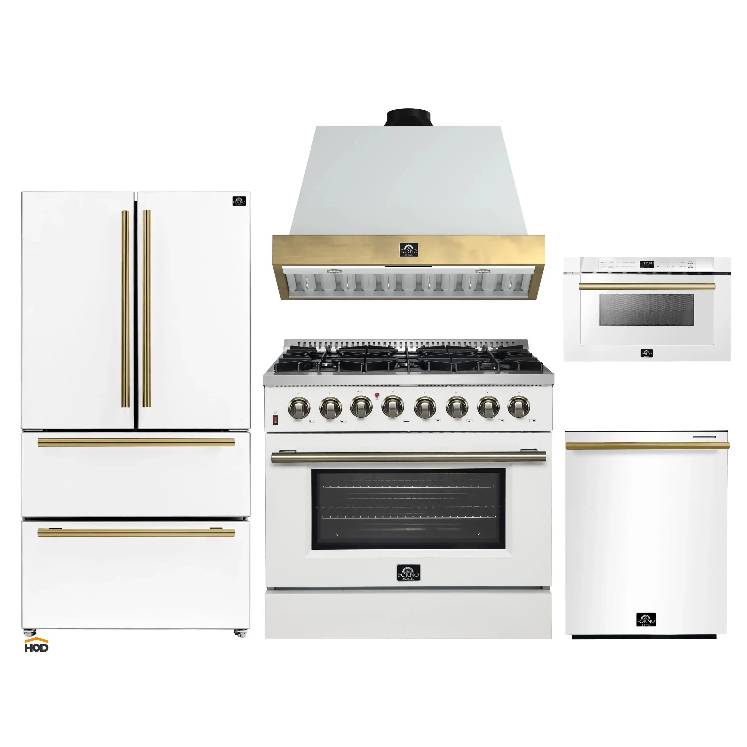 Forno Galiano 5-piece appliance package in white with antique brass accents