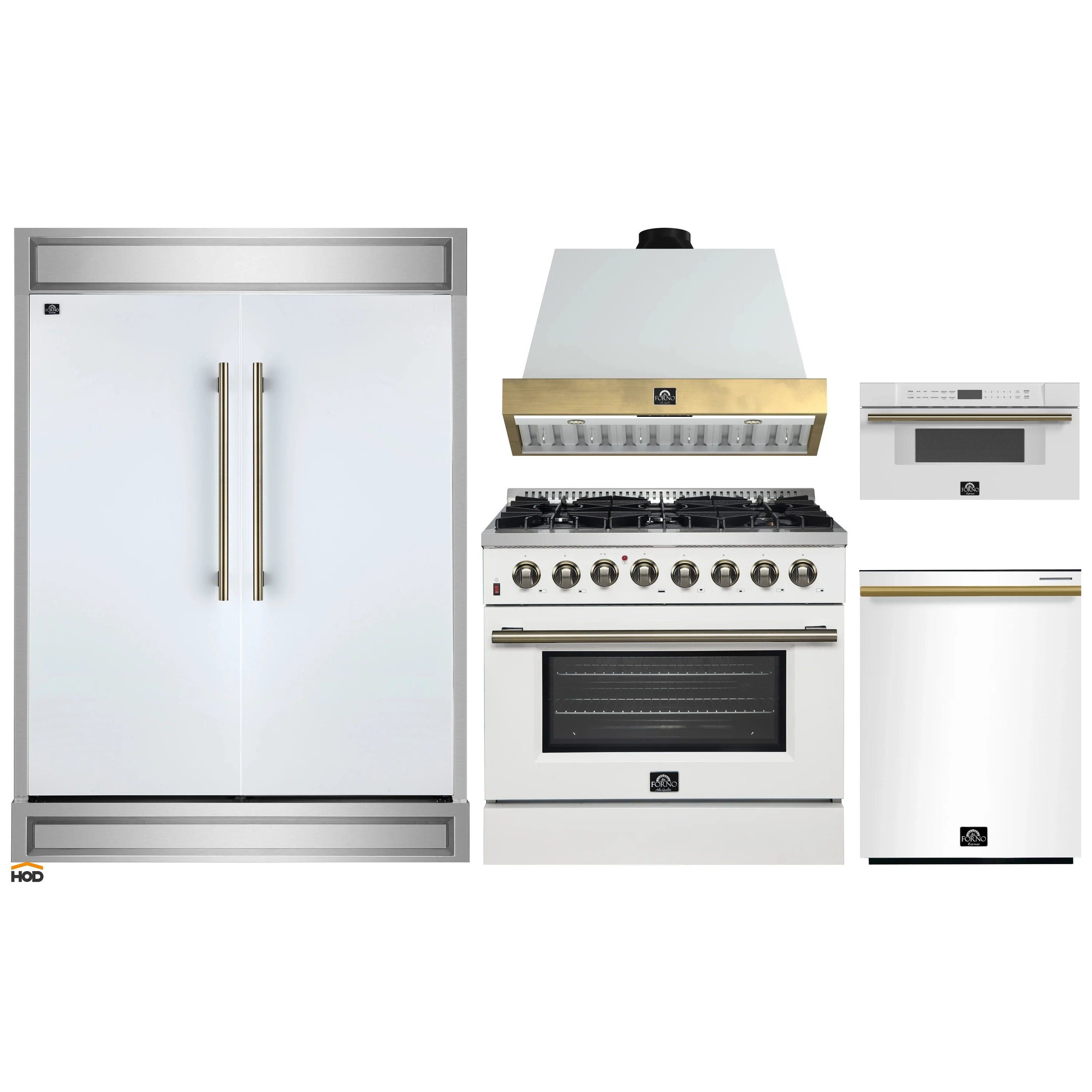 White kitchen appliance set: refrigerator, dual fuel range, wall hood, range top