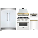 Forno 5-Piece Appliance Package - 36-Inch Dual Fuel Range, Wall Mount Range Hood, 60-Inch Refrigerator, Dishwasher, & 30-Inch Microwave Drawer in White with Antique Brass Handle