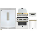 Forno 5-Piece Appliance Package - 36-Inch Galiano Dual Fuel Range, Wall Mount Range Hood, 60-Inch Refrigerator, Dishwasher, & 30-Inch Microwave Drawer in White with Antique Brass Handle