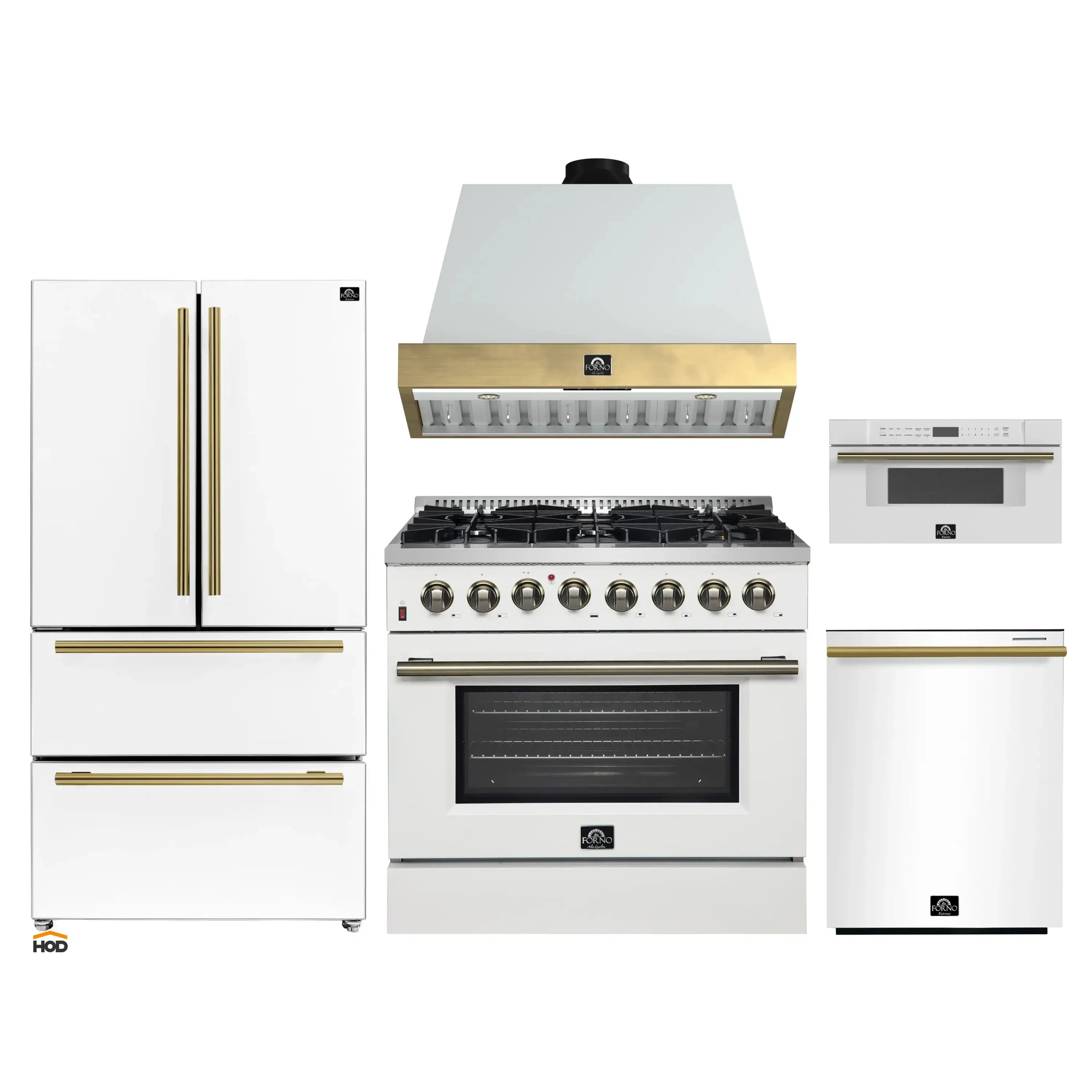 White kitchen appliance set with gold-trim range, hood, refrigerator, and dishwasher