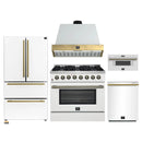 Forno Galiano 5-Piece Appliance Package - 36-Inch Dual Fuel Range, 36-Inch Hood, 36-Inch Refrigerator, 24-Inch Dishwasher, & 30-Inch Microwave Drawer in White with Antique Brass Trim