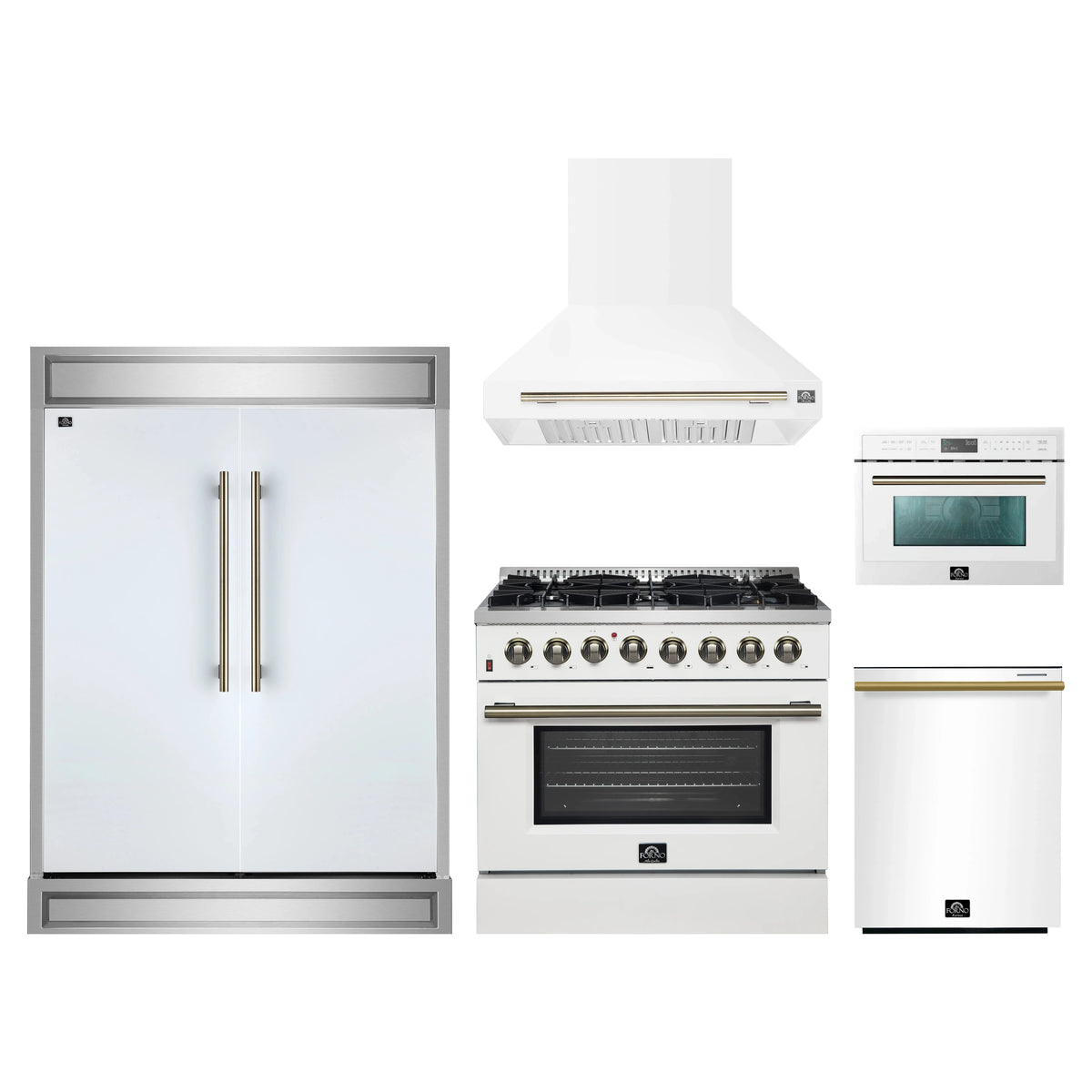Forno 5-Piece Appliance Package - 36-Inch Dual Fuel Range, Wall Mount Range Hood, 60-Inch Refrigerator, Dishwasher, & 24-Inch Microwave Oven in White with Antique Brass Trim