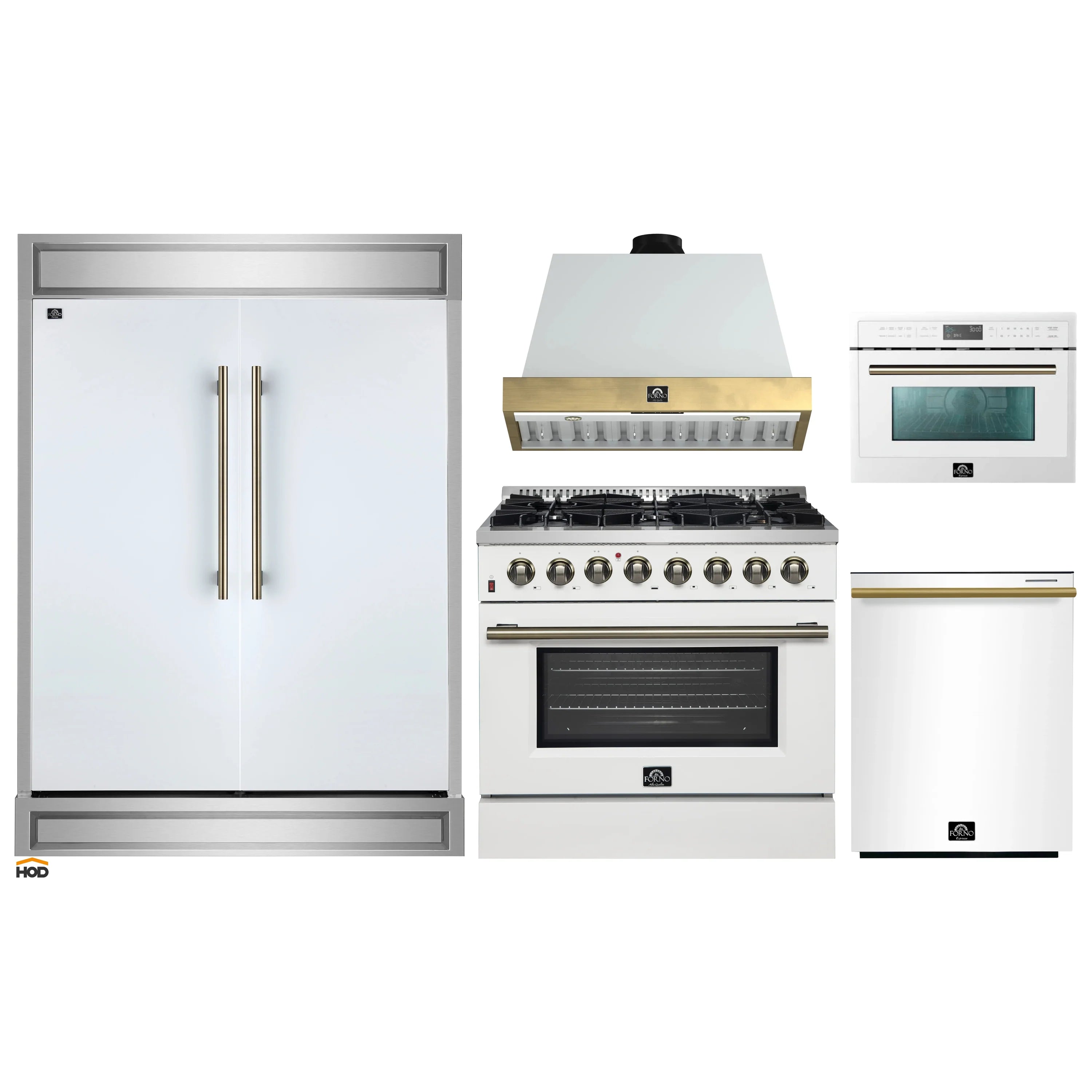 White kitchen appliance set: refrigerator, dual fuel range, hood, dishwasher, microwave